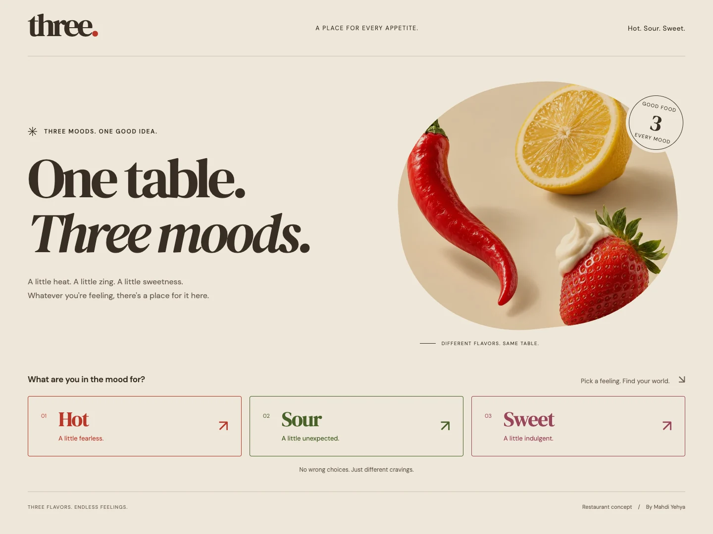 THREE's beige homepage with One table. Three moods. and Hot, Sour, and Sweet choices.